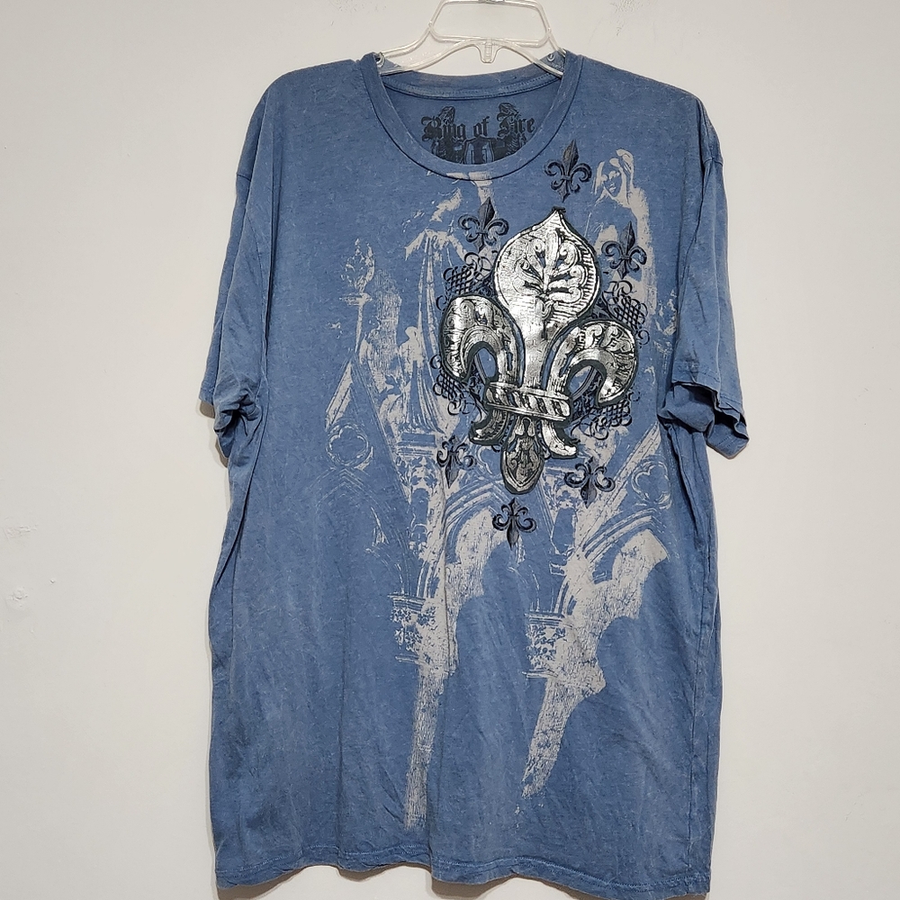 Ring of Fire Men's T-shirt Graphic Tee Moto Biker Blue Silver Cotton Y2K XXL